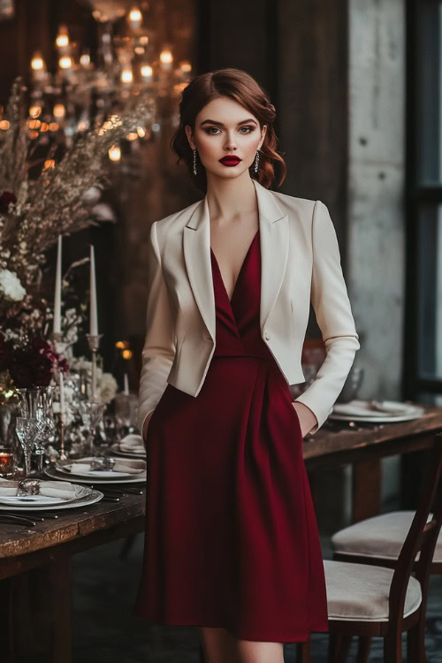 A stylish woman wearing a burgundy tea-length dress layered with a tailored cream blazer, standing near an elegant wedding reception table