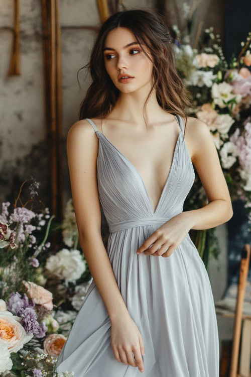 A stylish woman wearing a light gray A-line dress with a relaxed fit