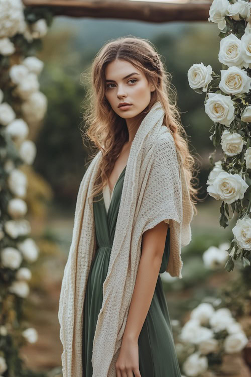 A stylish woman wearing a sage green midi dress layered with a cream pashmina scarf