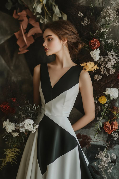 A woman in a black and white color-block midi dress with a geometric design