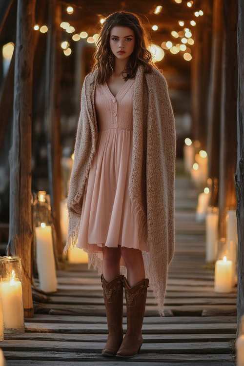 A woman in a blush pink A-line dress styled with taupe cowboy boots and a wool shawl