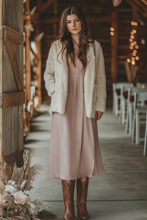 A woman in a blush pink knee-length dress paired with taupe cowboy boots and a cream faux fur jacket