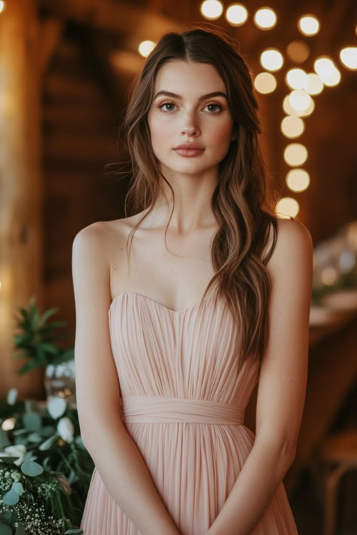 A woman in a blush pink knee-length dress with subtle pleats, standing near a softly lit barn wedding reception table decorated with greenery