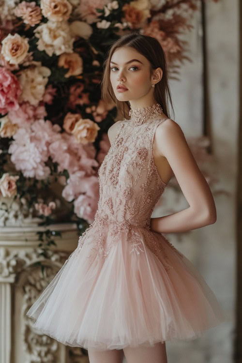 A woman in a blush pink short tea-length dress with subtle embroidery