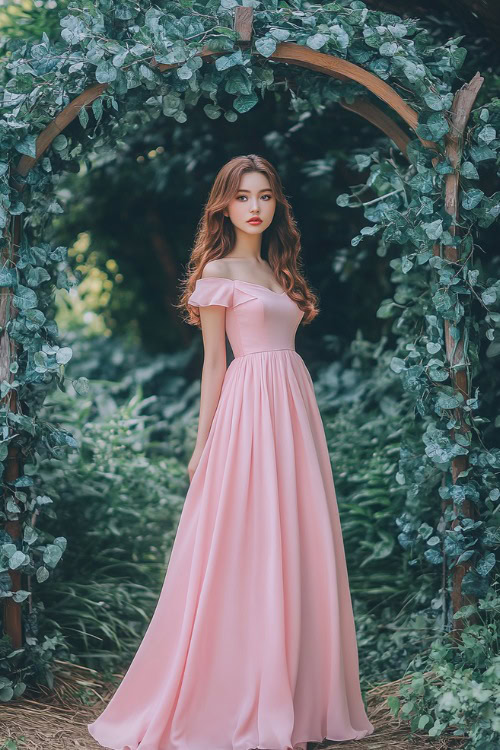 A woman in a blush pink tea-length dress with a square neckline and a flared skirt