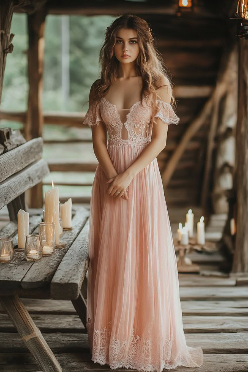 A woman in a blush pink tea-length dress with flutter sleeves and a lace overlay