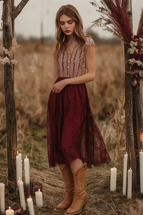 A woman in a burgundy A-line dress with lace details, styled with tan cowboy boots (2)