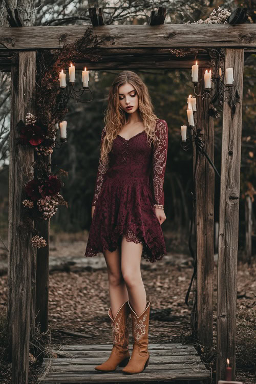 A woman in a burgundy A-line dress with lace details, styled with tan cowboy boots