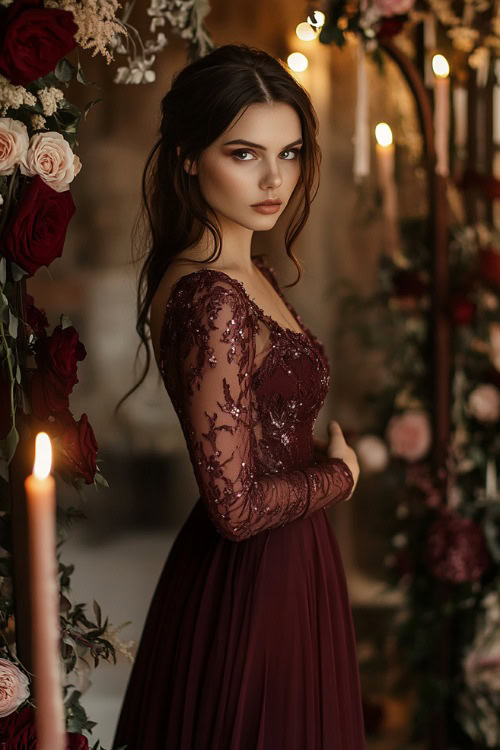 A woman in a burgundy A-line dress with long lace sleeves, standing near a simple floral wedding arch indoors, softly lit with candles