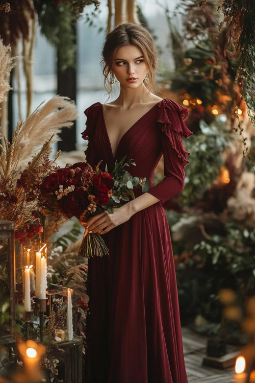 A woman in a burgundy A-line gown with flutter sleeves