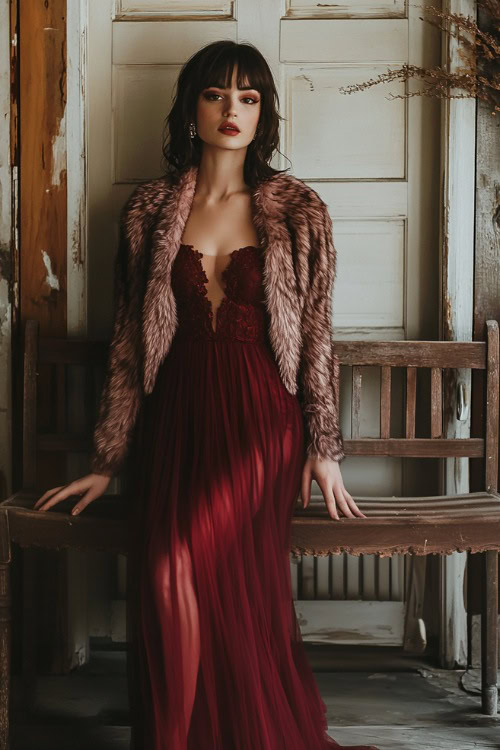 A woman in a burgundy knee-length dress styled with a cropped faux fur jacket