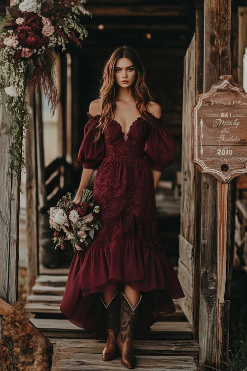 A woman in a burgundy midi dress with balloon sleeves, styled with cowboy boots 