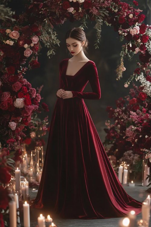 A woman in a burgundy velvet floor-length gown with a modest neckline and fitted sleeves