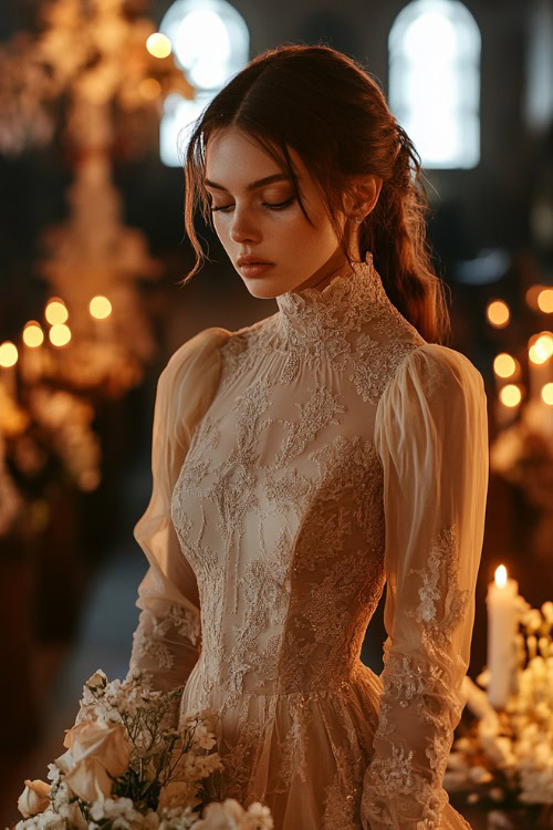 A woman in a champagne-colored high-neck dress with sheer bishop sleeves, standing by a candlelit aisle with minimal floral decor