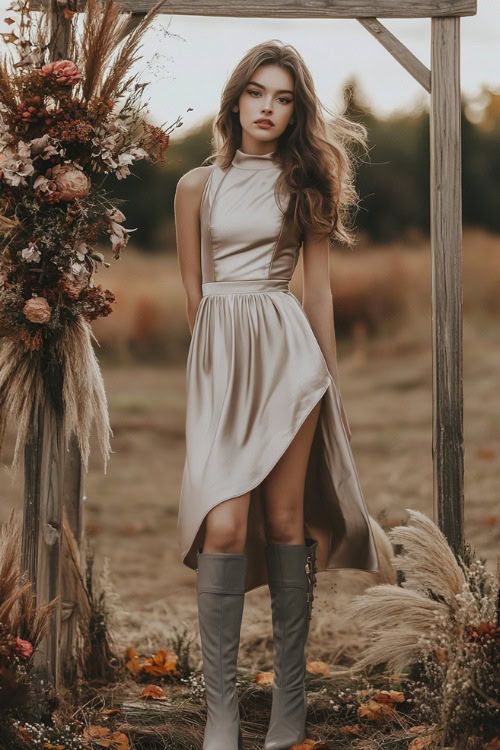 A woman in a champagne-colored midi dress with a high neckline, paired with gray knee-high boots