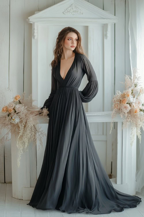 A woman in a charcoal gray dress with flutter long sleeves and a keyhole neckline, posing near a small white wedding altar indoors