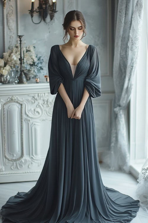 A woman in a charcoal gray dress with flutter long sleeves and a keyhole neckline, posing near a small white wedding altar indoors