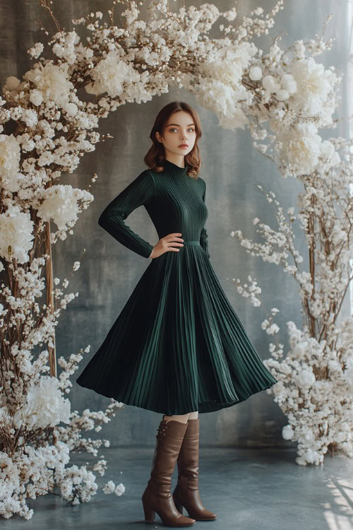 A woman in a dark green pleated tea-length dress styled with brown suede boots