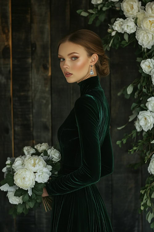 A woman in a dark green velvet dress with long fitted sleeves, standing near a plain wooden wedding backdrop adorned with white flowers