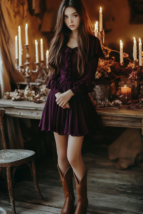 A woman in a dark plum knee-length dress with flutter sleeves, styled with brown cowboy boots (2)