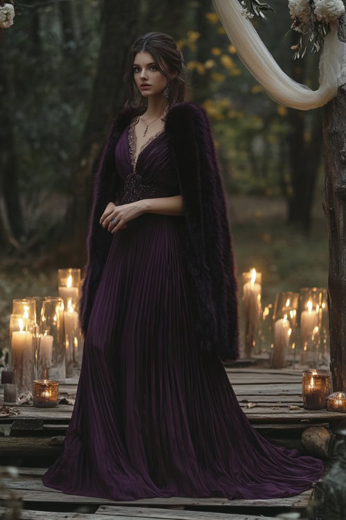 A woman in a dark plum pleated dress paired with a faux fur stole, standing near a rustic wooden wedding stage surrounded by candles