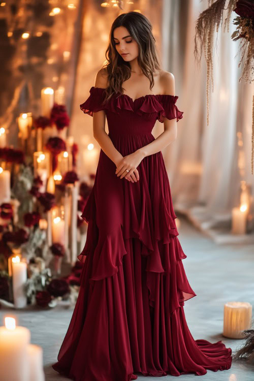 A woman in a deep burgundy off-the-shoulder midi dress with cascading ruffle details along the neckline and hem