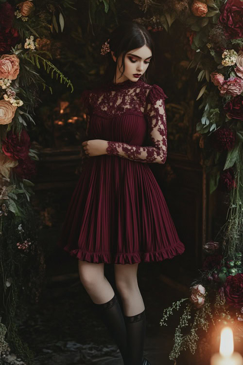 A woman in a deep burgundy short dress with a pleated skirt and lace sleeves