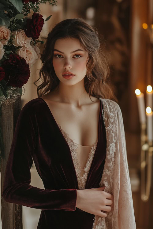 A woman in a deep burgundy velvet sheath dress with subtle lace detailing, paired with a soft beige shawl