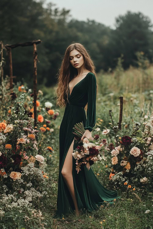 A woman in a deep emerald green column dress with a slit hemline and long bell sleeves