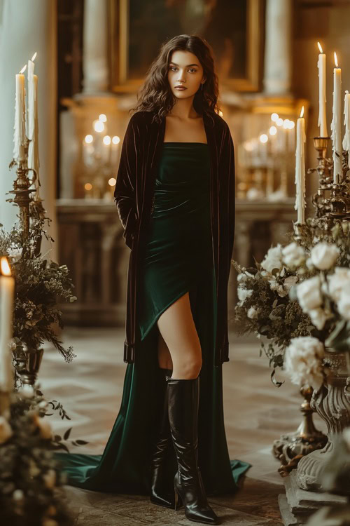 A woman in a deep emerald green midi dress styled with tall black boots and a velvet shawl