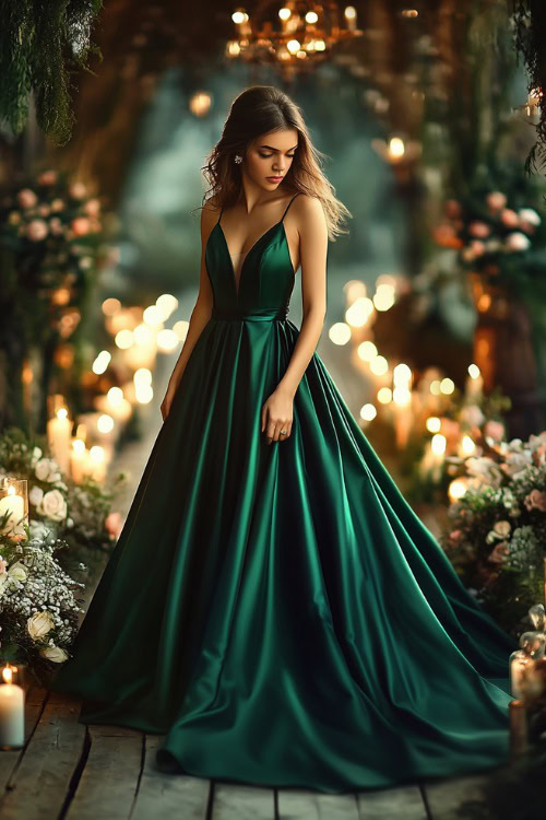 A woman in a deep emerald green satin gown with a fitted bodice and flowing skirt