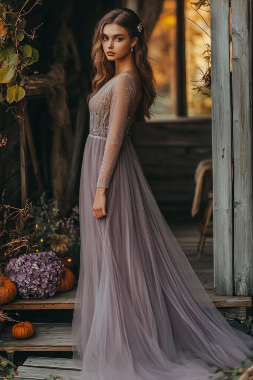 A woman in a dusty lavender tea-length dress with sheer long sleeves