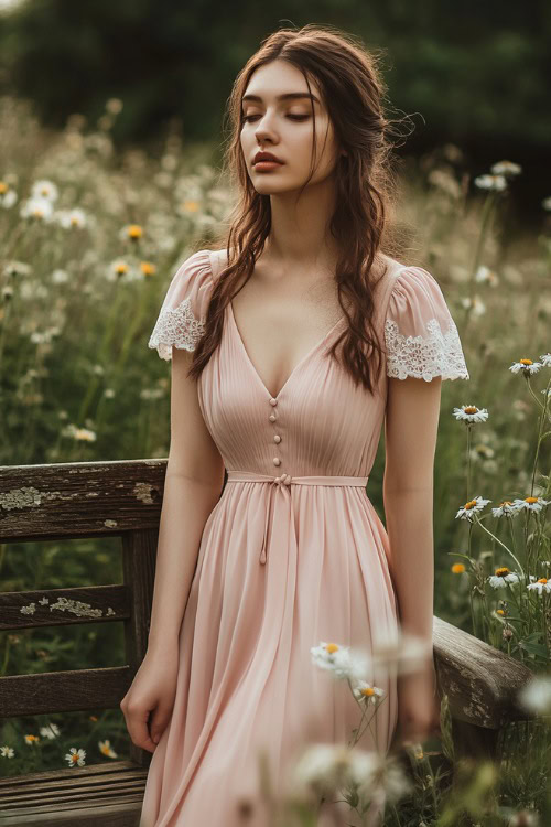 A woman in a dusty rose midi dress with cap sleeves and lace accents, standing near a rustic outdoor wedding bench surrounded by wildflowers (2)