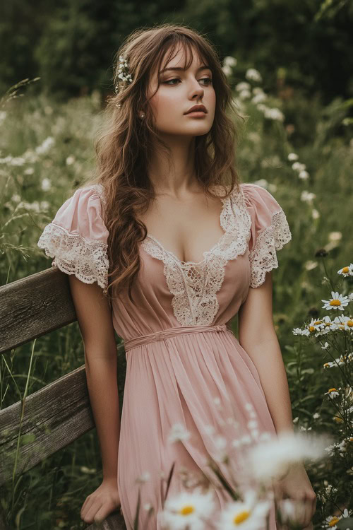 A woman in a dusty rose midi dress with cap sleeves and lace accents, standing near a rustic outdoor wedding bench surrounded by wildflowers