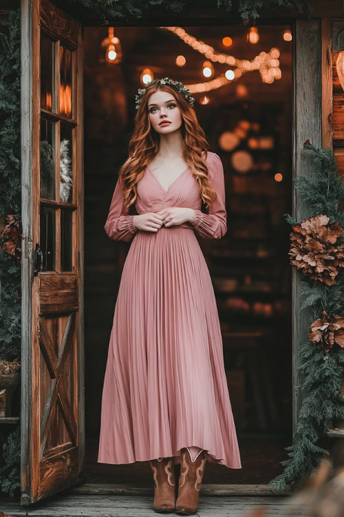 A woman in a dusty rose pleated midi dress paired with taupe cowboy boots