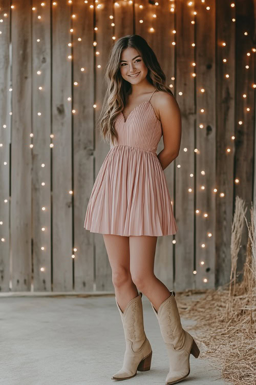 A woman in a dusty rose pleated midi dress styled with beige cowboy boots