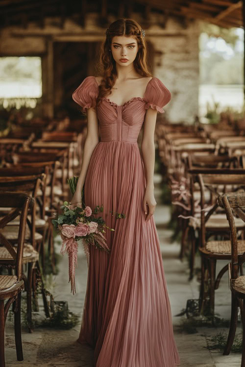 A woman in a dusty rose pleated midi dress with puff sleeves and a sweetheart neckline (4)