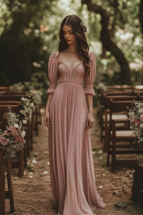 A woman in a dusty rose pleated midi dress with puff sleeves and a sweetheart neckline