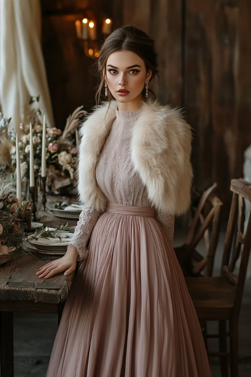 A woman in a dusty rose tea-length dress styled with a cream faux fur jacket (2)