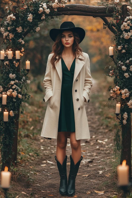 A woman in a forest green midi dress styled with black cowboy boots and a tailored cream coat