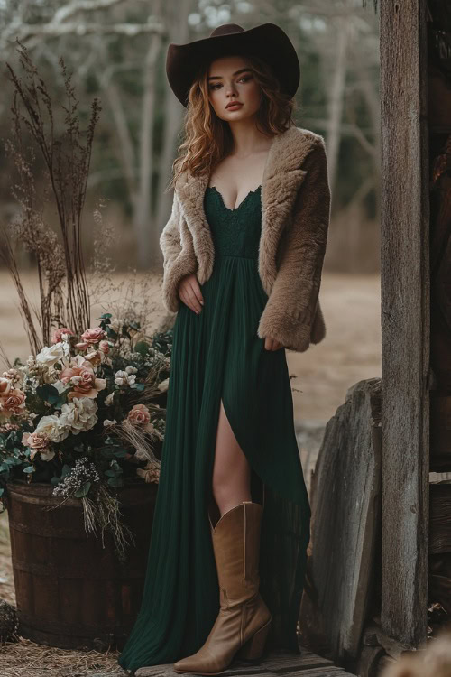 A woman in a forest green midi dress styled with taupe cowboy boots and a cropped fur jacket (2)