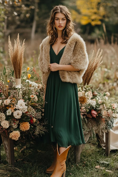 A woman in a forest green midi dress styled with taupe cowboy boots and a cropped fur jacket