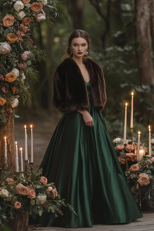 A woman in a forest green satin floor-length gown paired with a cropped faux fur jacket