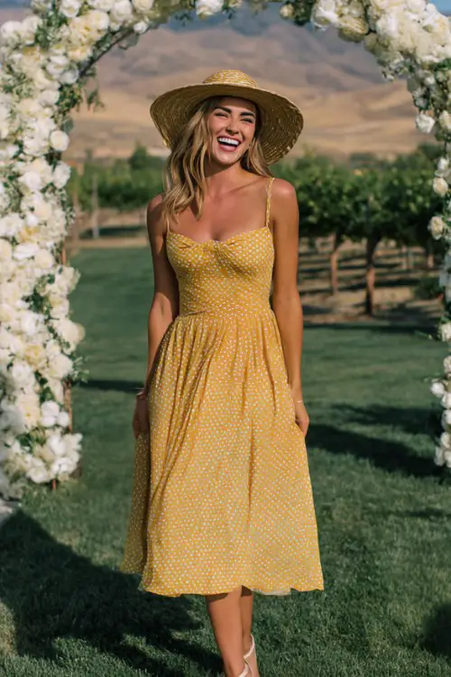 A woman in a marigold pleated midi dress with a square neckline and waist tie, styled with a straw hat and kitten heels