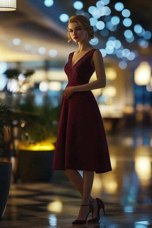 A woman in a maroon A-line dress with lace detailing and a modest neckline, standing near a brightly lit wedding reception area (2)