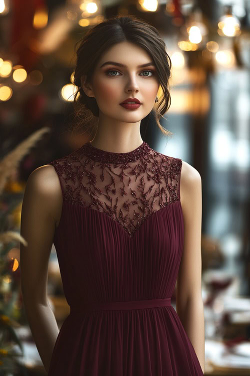 A woman in a maroon A-line dress with lace detailing and a modest neckline, standing near a brightly lit wedding reception area