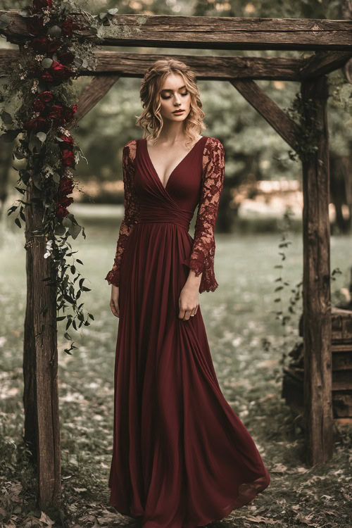 A woman in a maroon high-low wrap dress with subtle lace details