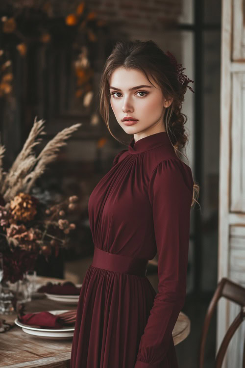 A woman in a maroon midi dress with modest long sleeves and a cinched waist