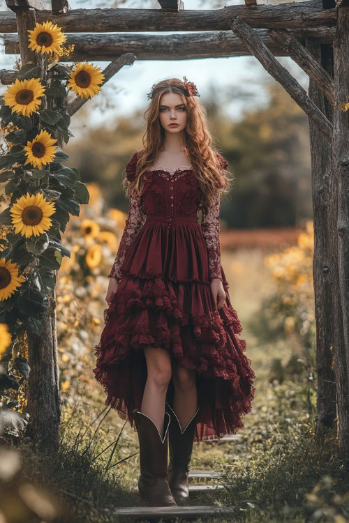 A woman in a maroon midi dress with tiered ruffles and a lace bodice