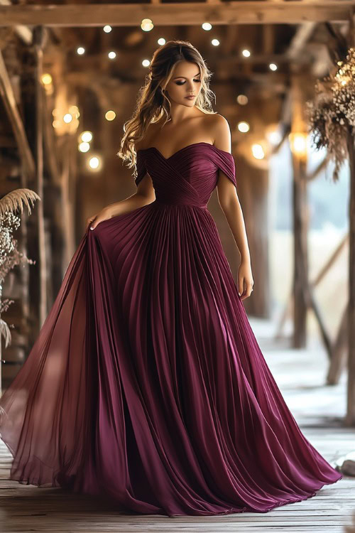 A woman in a maroon pleated gown with an off-shoulder neckline and subtle sequin details